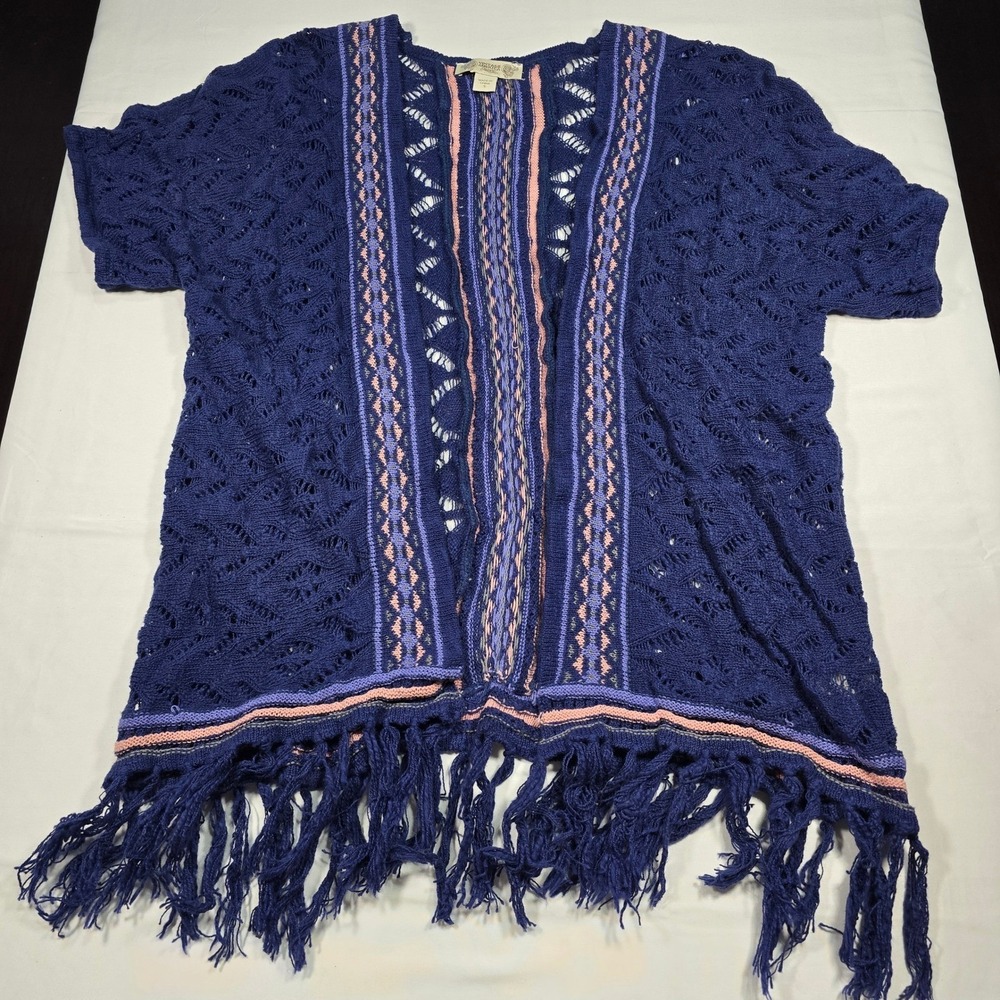 Vintage America Blues Boho Crochet Knit Fringe Cardigan Sweater Womens Small